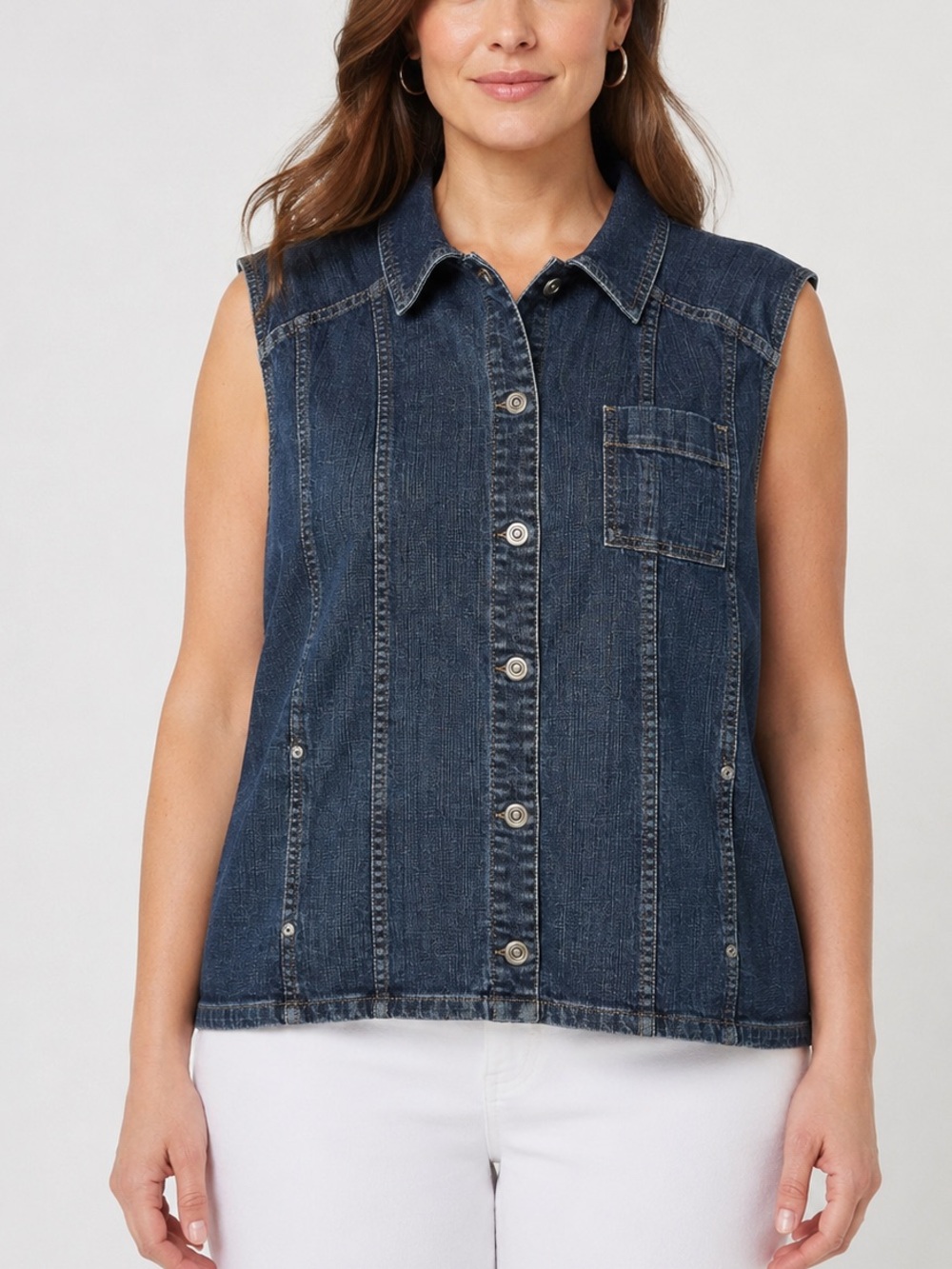 Chico’s Platinum Denim Vest 3 XL Button Front Sleeveless Jean Vest Dark Wash
